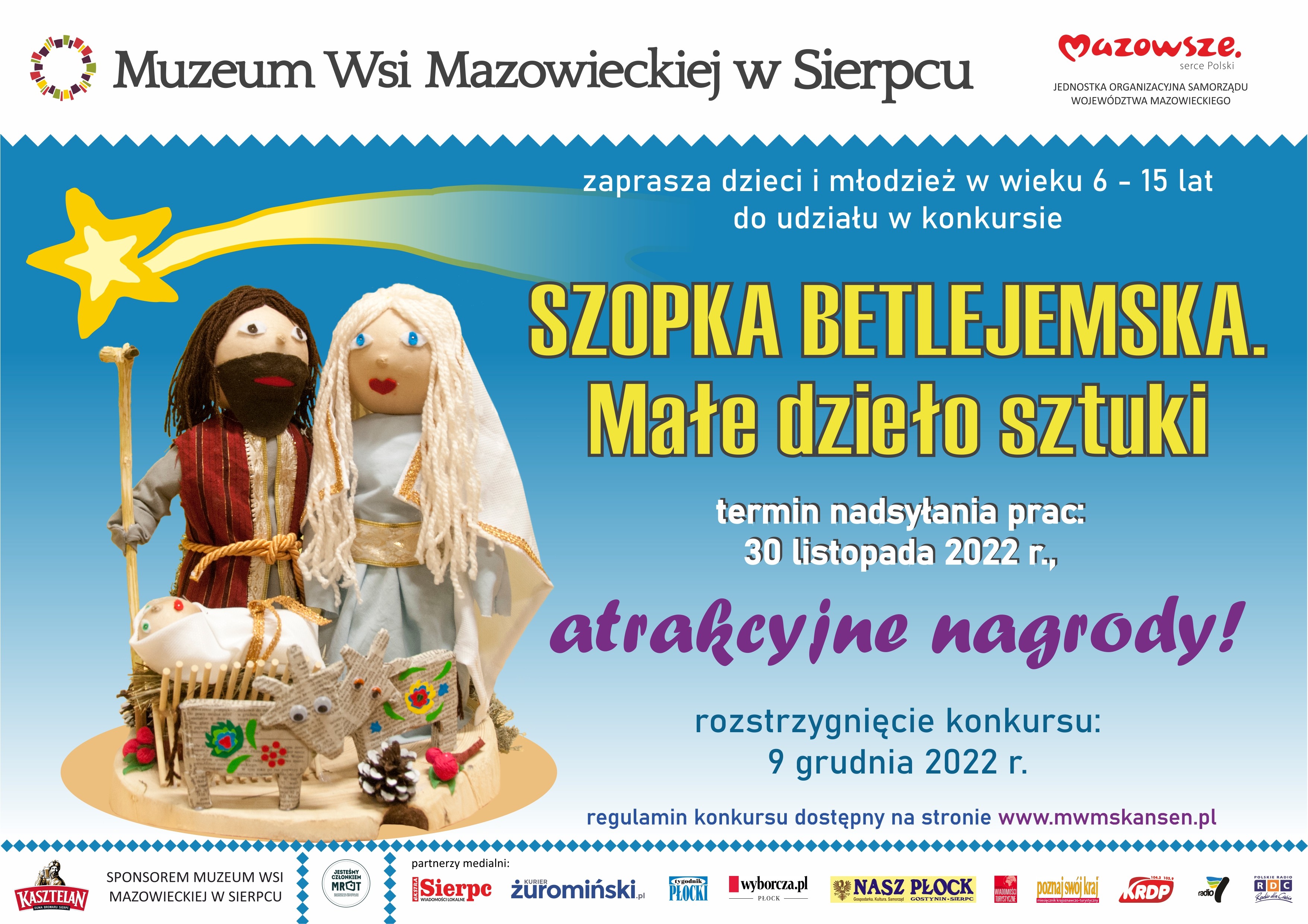 Plakat, uszyte postaci Świętej Rodziny, obok napis Szopka betlejemska, zgłoszenia do 30 listopada