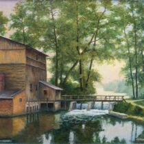 Obraz Webera - młyn wodny, pod mostem płynie rzeka, w tle drzewa