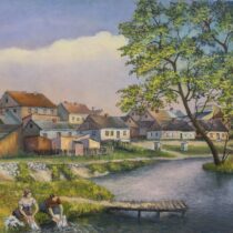 Obraz Webera - pejzaż miejski, kobiety piorą w rzece, w tle zabudowa miasta i drzewa