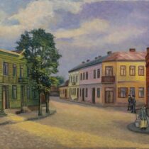 Obraz Webera - uliczka miasta, domy drewniane parterowe, ulicą idą ludzie